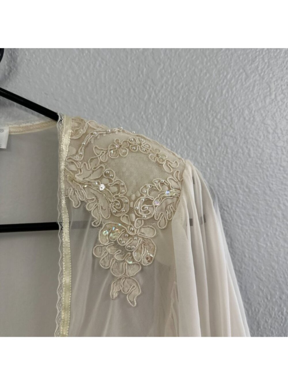 Vintage 1980s Val Mode White Sheer Beaded Sequin Robe Bridal Lingerie Medium 80s - Picture 5 of 7